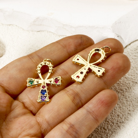 1 Piece Brass Religious Charm Pendant 18K Gold Plated Ankh Egyptian Cross Multicolour Cubic Zirconia 3.2cm x 2cm の画像