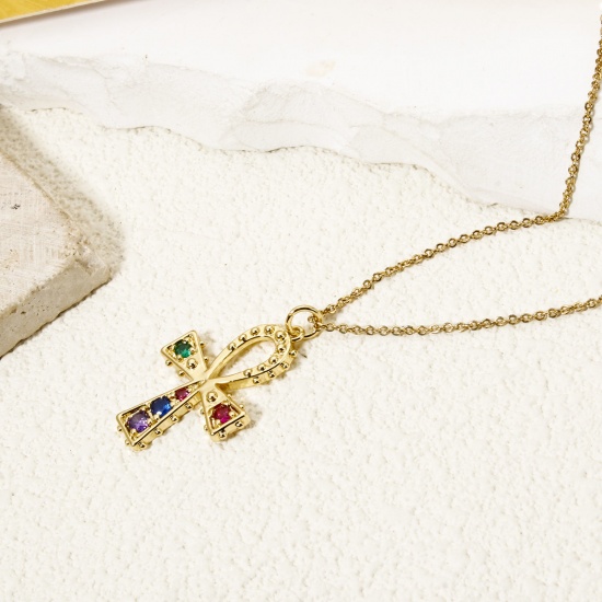 1 Piece Brass Religious Charm Pendant 18K Gold Plated Ankh Egyptian Cross Multicolour Cubic Zirconia 3.2cm x 2cm の画像