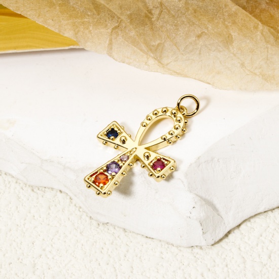 1 Piece Brass Religious Charm Pendant 18K Gold Plated Ankh Egyptian Cross Multicolour Cubic Zirconia 3.2cm x 2cm の画像