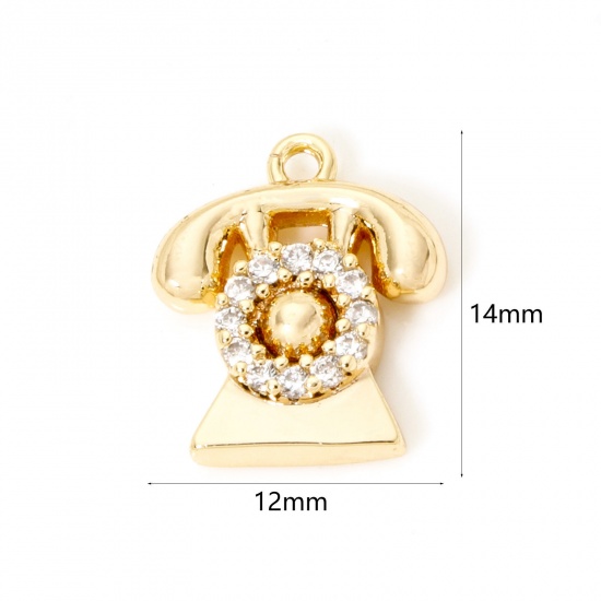 Picture of 2 PCs Eco-friendly Brass Micro Pave Charms 18K Real Gold Plated Telephone Clear Cubic Zirconia 14mm x 12mm