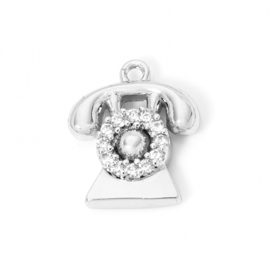 Picture of 2 PCs Eco-friendly Brass Micro Pave Charms Real Platinum Plated Telephone Clear Cubic Zirconia 14mm x 12mm