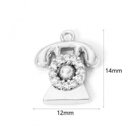 Picture of 2 PCs Eco-friendly Brass Micro Pave Charms Real Platinum Plated Telephone Clear Cubic Zirconia 14mm x 12mm