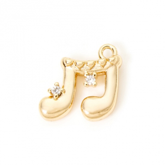 Picture of 2 PCs Eco-friendly Brass Music Charms 18K Real Gold Plated Musical Note Clear Cubic Zirconia 12mm x 12mm