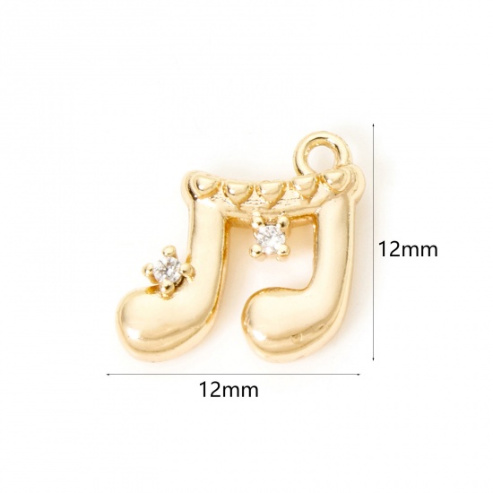 Picture of 2 PCs Eco-friendly Brass Music Charms 18K Real Gold Plated Musical Note Clear Cubic Zirconia 12mm x 12mm