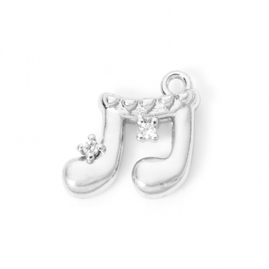 Picture of 2 PCs Eco-friendly Brass Music Charms Real Platinum Plated Musical Note Clear Cubic Zirconia 12mm x 12mm