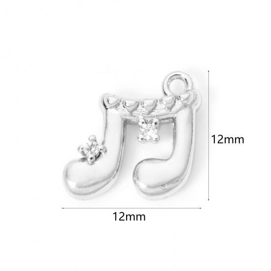 Picture of 2 PCs Eco-friendly Brass Music Charms Real Platinum Plated Musical Note Clear Cubic Zirconia 12mm x 12mm