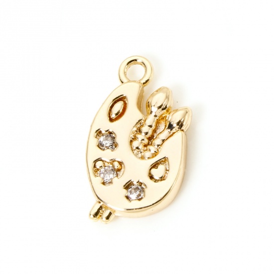 Picture of 2 PCs Eco-friendly Brass Charms 18K Real Gold Plated Palette Clear Cubic Zirconia 14mm x 8mm