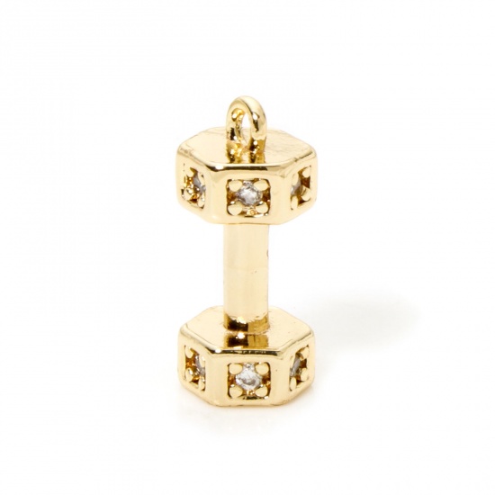 Picture of 2 PCs Eco-friendly Brass Fitness Charms 18K Real Gold Plated Dumbbell 3D Clear Cubic Zirconia 14mm x 6mm