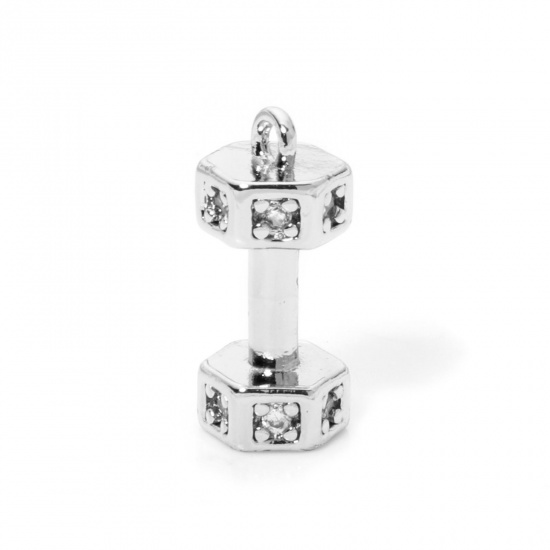 Picture of 2 PCs Eco-friendly Brass Fitness Charms Real Platinum Plated Dumbbell 3D Clear Cubic Zirconia 14mm x 6mm