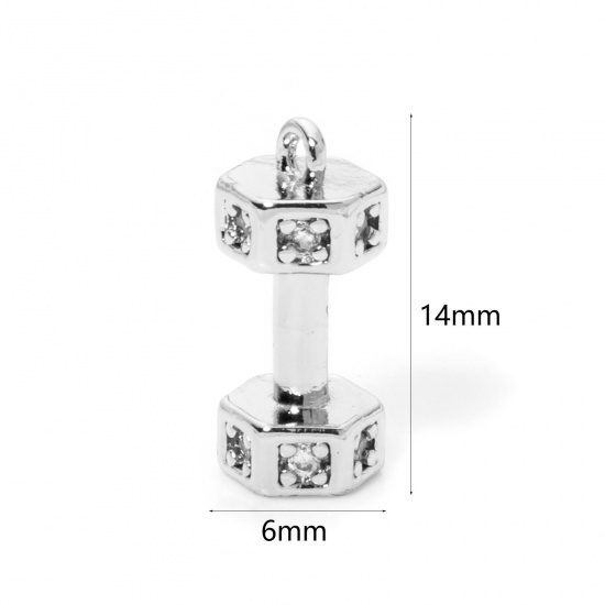 Picture of 2 PCs Eco-friendly Brass Fitness Charms Real Platinum Plated Dumbbell 3D Clear Cubic Zirconia 14mm x 6mm