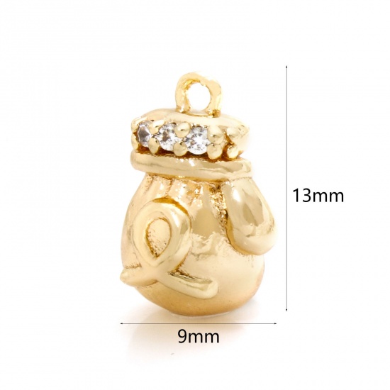 Picture of 2 PCs Eco-friendly Brass Fitness Charms 18K Real Gold Plated Glove Ribbon 3D Clear Cubic Zirconia 13mm x 9mm