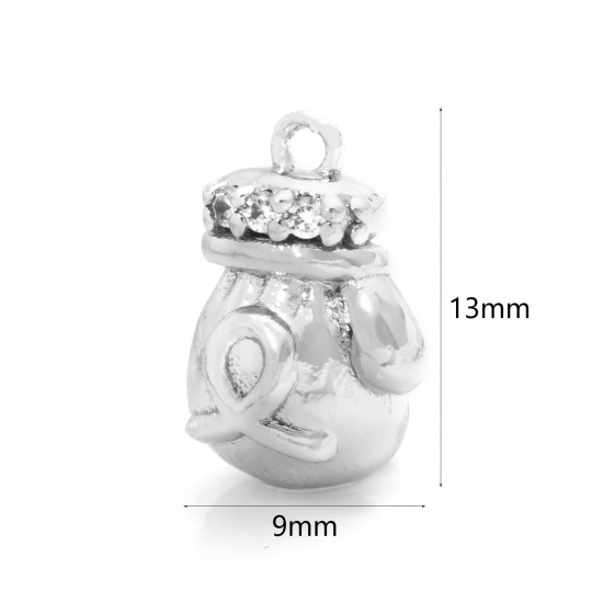 Picture of 2 PCs Eco-friendly Brass Fitness Charms Real Platinum Plated Glove Ribbon 3D Clear Cubic Zirconia 13mm x 9mm