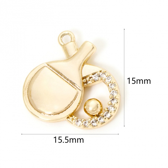 Picture of 1 Piece Eco-friendly Brass Sport Charms 18K Real Gold Plated Racket Ping Pong Ball Micro Pave Clear Cubic Zirconia 15.5mm x 15mm