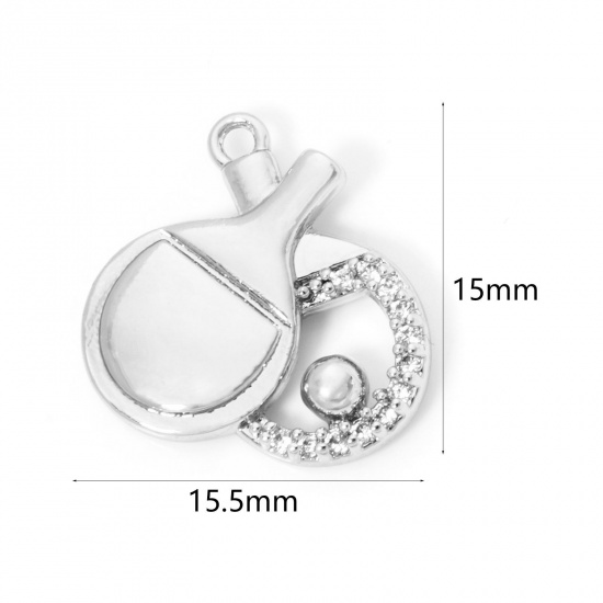 Picture of 1 Piece Eco-friendly Brass Sport Charms Real Platinum Plated Racket Ping Pong Ball Micro Pave Clear Cubic Zirconia 15.5mm x 15mm