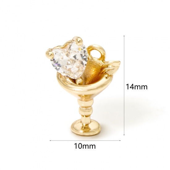 Picture of 2 PCs Eco-friendly Brass Charms 18K Real Gold Plated Wine Glass Heart 3D Clear Rhinestone 14mm x 10mm