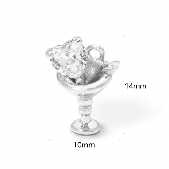 Picture of 2 PCs Eco-friendly Brass Charms Real Platinum Plated Wine Glass Heart 3D Clear Rhinestone 14mm x 10mm