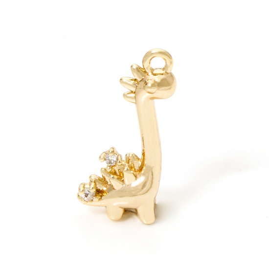 Immagine di 2 PCs Eco-friendly Brass Charms 18K Real Gold Plated Dinosaur Animal 3D Clear Cubic Zirconia 18mm x 9mm