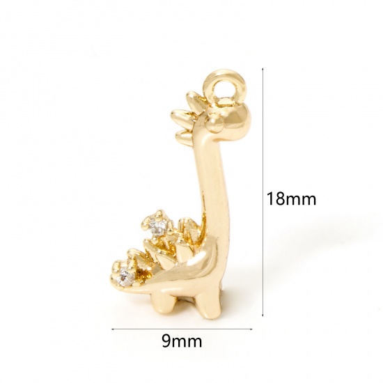 Immagine di 2 PCs Eco-friendly Brass Charms 18K Real Gold Plated Dinosaur Animal 3D Clear Cubic Zirconia 18mm x 9mm