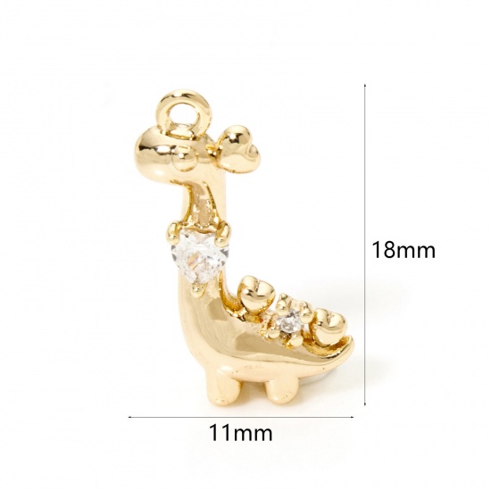 Immagine di 2 PCs Eco-friendly Brass Charms 18K Real Gold Plated Dinosaur Animal 3D Clear Cubic Zirconia 18mm x 11mm