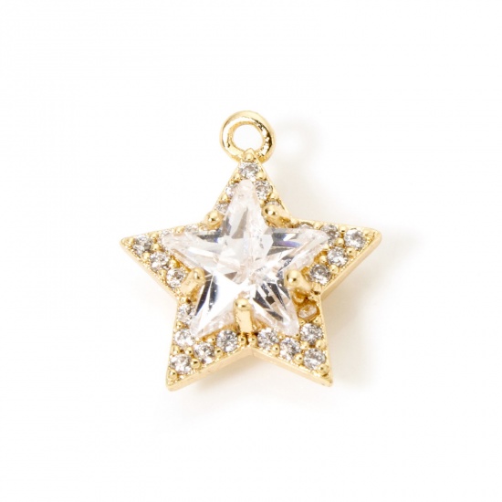 Picture of 1 Piece Eco-friendly Brass Geometric Charms 18K Real Gold Plated Pentagram Star Micro Pave Clear Cubic Zirconia Clear Rhinestone 13mm x 12mm