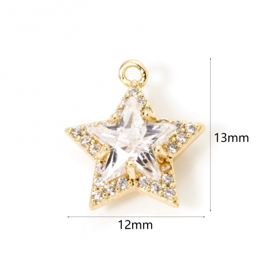 Picture of 1 Piece Eco-friendly Brass Geometric Charms 18K Real Gold Plated Pentagram Star Micro Pave Clear Cubic Zirconia Clear Rhinestone 13mm x 12mm