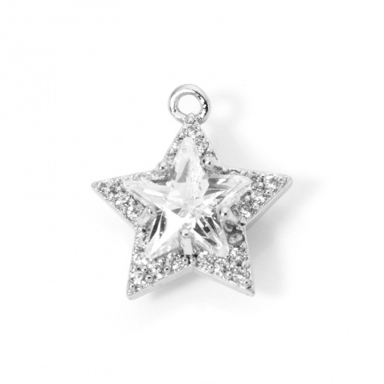 Picture of 1 Piece Eco-friendly Brass Geometric Charms Real Platinum Plated Pentagram Star Micro Pave Clear Cubic Zirconia Clear Rhinestone 13mm x 12mm