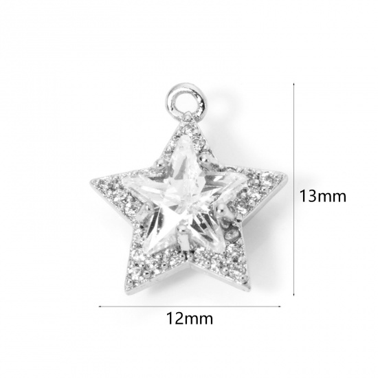 Picture of 1 Piece Eco-friendly Brass Geometric Charms Real Platinum Plated Pentagram Star Micro Pave Clear Cubic Zirconia Clear Rhinestone 13mm x 12mm