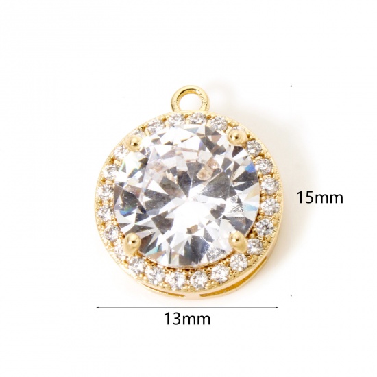 Picture of 1 Piece Eco-friendly Brass Geometric Charms 18K Real Gold Plated Round Micro Pave Clear Cubic Zirconia Clear Rhinestone 15mm x 13mm