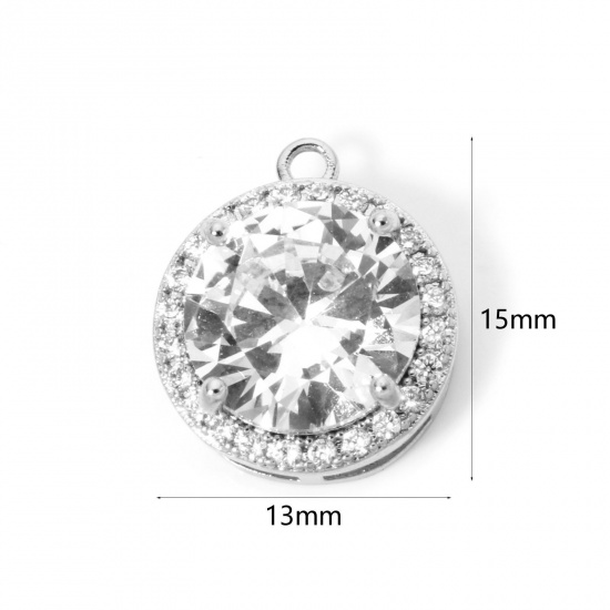 Picture of 1 Piece Eco-friendly Brass Geometric Charms Real Platinum Plated Round Micro Pave Clear Cubic Zirconia Clear Rhinestone 15mm x 13mm