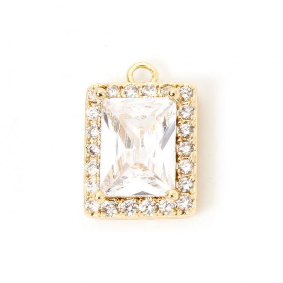 Picture of 1 Piece Eco-friendly Brass Geometric Charms 18K Real Gold Plated Rectangle Micro Pave Clear Cubic Zirconia Clear Rhinestone 13mm x 9mm