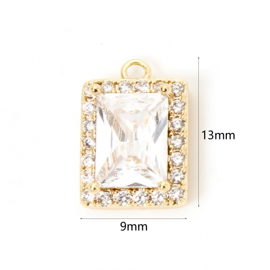 Picture of 1 Piece Eco-friendly Brass Geometric Charms 18K Real Gold Plated Rectangle Micro Pave Clear Cubic Zirconia Clear Rhinestone 13mm x 9mm