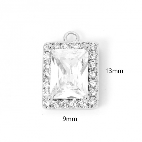 Picture of 1 Piece Eco-friendly Brass Geometric Charms Real Platinum Plated Rectangle Micro Pave Clear Cubic Zirconia Clear Rhinestone 13mm x 9mm