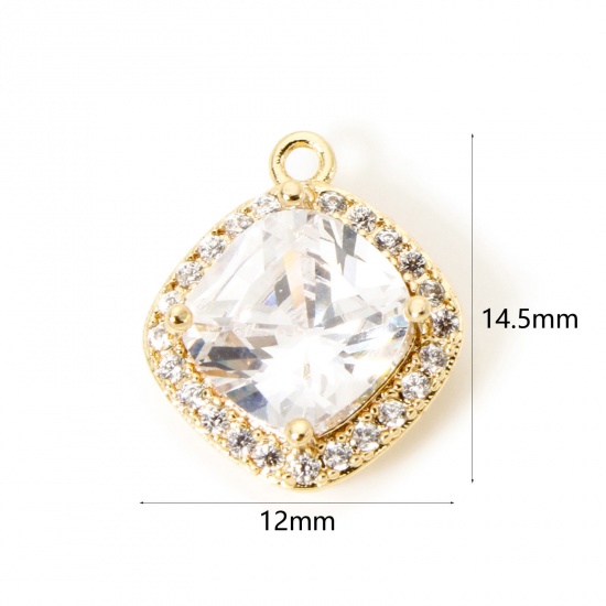 Picture of 1 Piece Eco-friendly Brass Geometric Charms 18K Real Gold Plated Rhombus Micro Pave Clear Cubic Zirconia Clear Rhinestone 14.5mm x 12mm