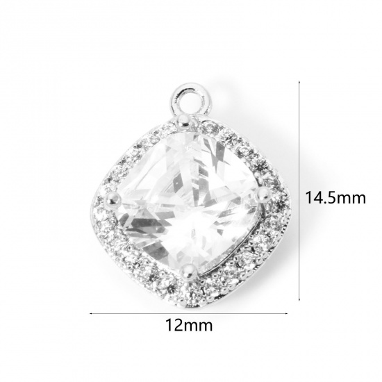 Picture of 1 Piece Eco-friendly Brass Geometric Charms Real Platinum Plated Rhombus Micro Pave Clear Cubic Zirconia Clear Rhinestone 14.5mm x 12mm