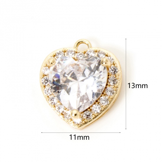 Picture of 1 Piece Eco-friendly Brass Geometric Charms 18K Real Gold Plated Heart Micro Pave Clear Cubic Zirconia Clear Rhinestone 13mm x 11mm