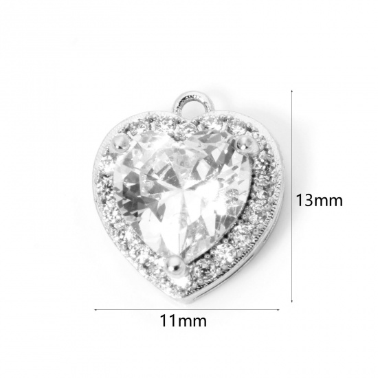 Picture of 1 Piece Eco-friendly Brass Geometric Charms Real Platinum Plated Heart Micro Pave Clear Cubic Zirconia Clear Rhinestone 13mm x 11mm