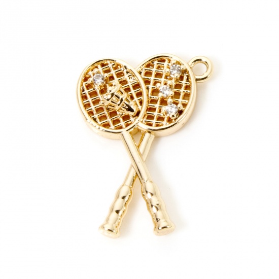 Image de 2 Pcs Breloques Sport en Laiton Respectueux de la Nature Plaqué Or Véritable 18K Raquettes de Badminton 3D à Zircone Cubique Clair 19mm x 14mm