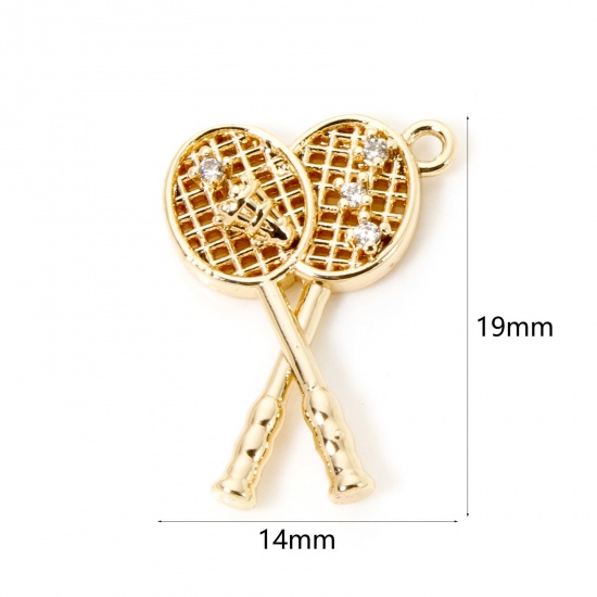 Image de 2 Pcs Breloques Sport en Laiton Respectueux de la Nature Plaqué Or Véritable 18K Raquettes de Badminton 3D à Zircone Cubique Clair 19mm x 14mm