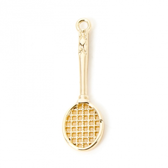 Image de 2 Pcs Breloques Sport en Laiton Respectueux de la Nature Plaqué Or Véritable 18K Raquettes de Badminton 3D 27mm x 8mm