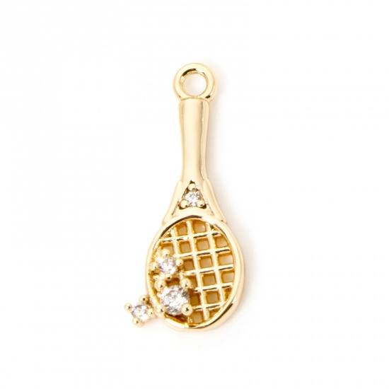 Image de 2 Pcs Breloques Sport en Laiton Respectueux de la Nature Plaqué Or Véritable 18K Raquettes de Badminton 3D à Zircone Cubique Clair 18mm x 8mm