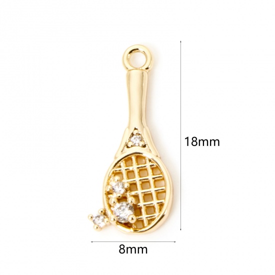 Image de 2 Pcs Breloques Sport en Laiton Respectueux de la Nature Plaqué Or Véritable 18K Raquettes de Badminton 3D à Zircone Cubique Clair 18mm x 8mm