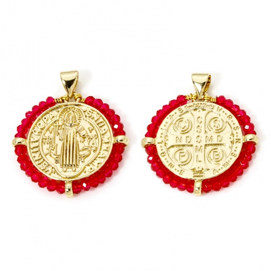 Immagine di 1 Piece Brass & Glass Religious Charm Pendant 18K Gold Plated Red St. Benedict Medal Double Sided 29mm x 25mm