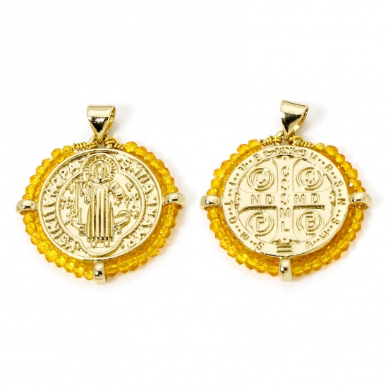 Immagine di 1 Piece Brass & Glass Religious Charm Pendant 18K Gold Plated Yellow St. Benedict Medal Double Sided 29mm x 25mm