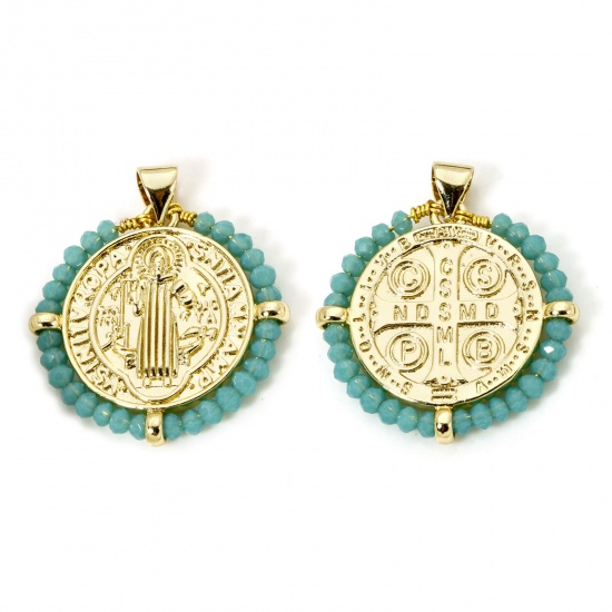 Immagine di 1 Piece Brass & Glass Religious Charm Pendant 18K Gold Plated Green Blue St. Benedict Medal Double Sided 29mm x 25mm