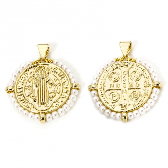 Immagine di 1 Piece Brass & Acrylic Religious Charm Pendant 18K Gold Plated White St. Benedict Medal Imitation Pearl 29mm x 25mm