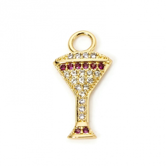 Picture of 2 PCs Brass Micro Pave Charms 18K Real Gold Plated Wine Glass Clear & Red Cubic Zirconia 21mm x 11mm