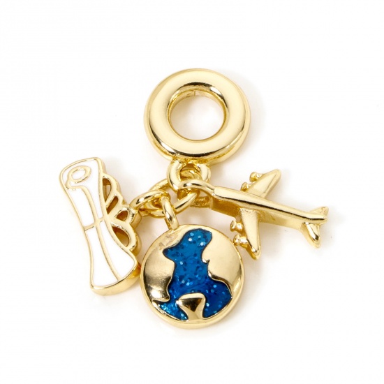 Picture of 1 Piece ( 3 PCs/Set) Brass Travel Charms 18K Real Gold Plated Planet Earth Airplane Enamel 28mm