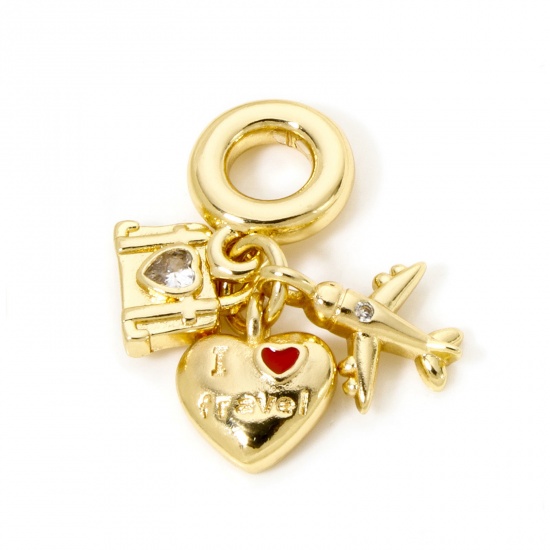 Picture of 1 Piece ( 3 PCs/Set) Brass Travel Charms 18K Real Gold Plated Airplane Heart Enamel 26mm