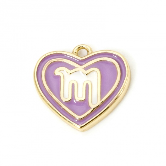 Picture of 2 PCs Brass Charms 18K Real Gold Plated Purple Heart Scorpio Sign Of Zodiac Constellations Enamel 13mm x 12mm