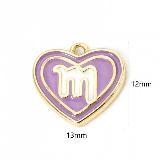 Picture of 2 PCs Brass Charms 18K Real Gold Plated Purple Heart Scorpio Sign Of Zodiac Constellations Enamel 13mm x 12mm